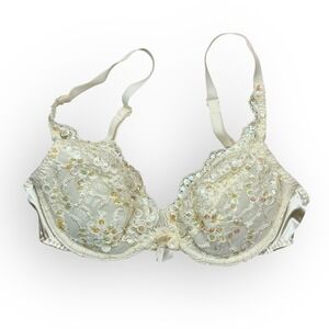 Vintage Victorias Secret Lace Sequined Push Up‎ Bra 34C Ivory